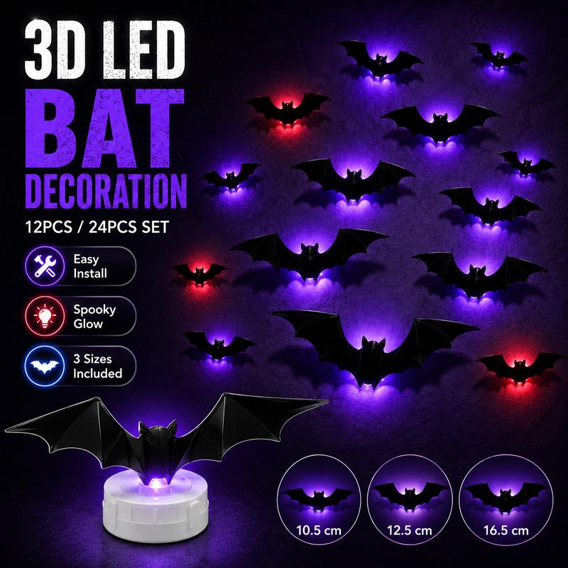 3D Halloween LED Bat Wall Stickers Glowing Flashing Spooky Party Decor